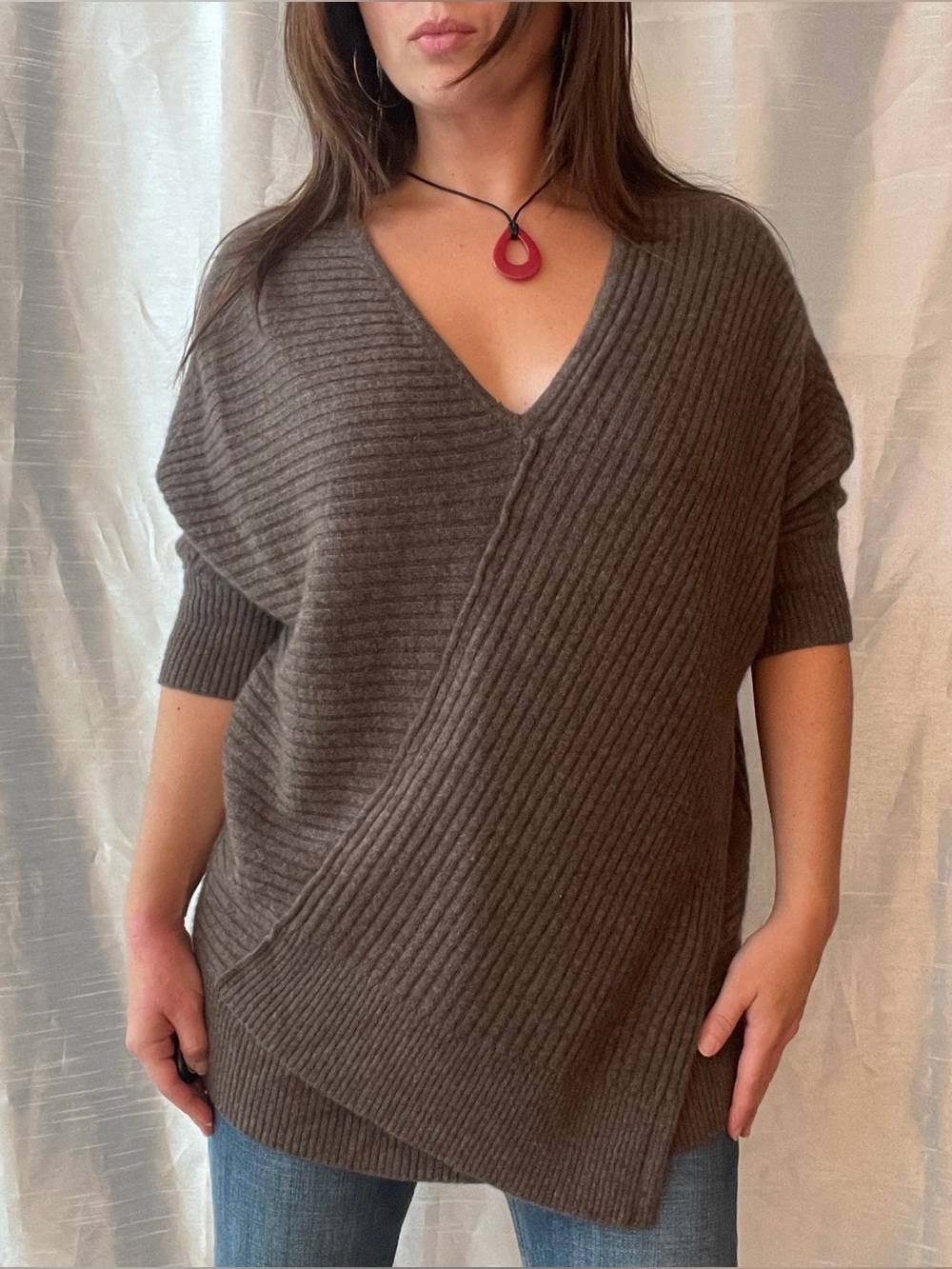 Vince 100% Cashmere Ribbed Cocoon Asymmetrical Sweater Brown Lagenlook Large